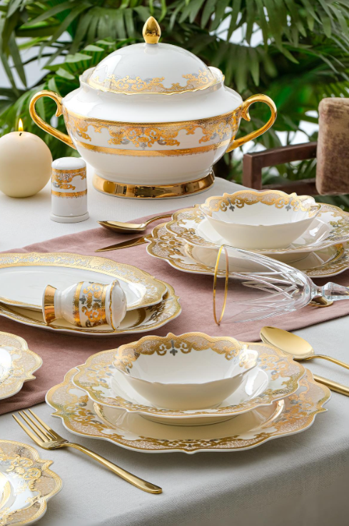 BEATRIS 60 PARÇA BONE CHINA EMBOSS GOLD