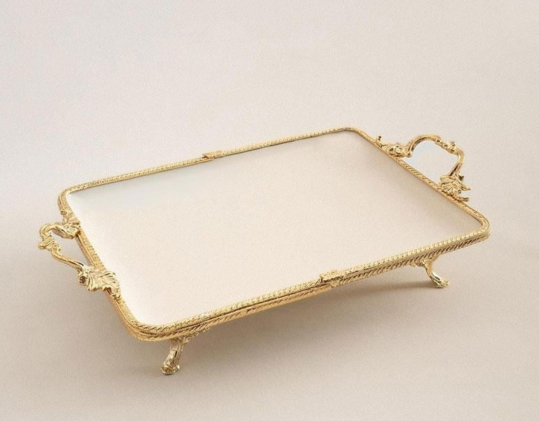 35X26 CM PORSELEN  DİKDÖRTGEN KULPLU AYAKLI SUNUM ALTIN